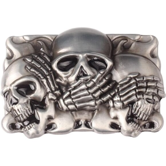 Men Silver Vintage Buckle Western Cowboy Native American Motorcyclist Skull Belt - Picture 1 of 2